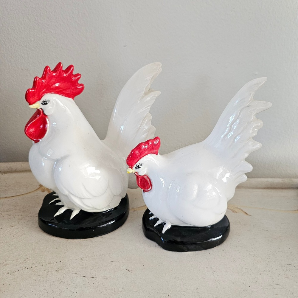 Vintage Japan Ceramic Rooster and Hen Figurine Set White Red MCM